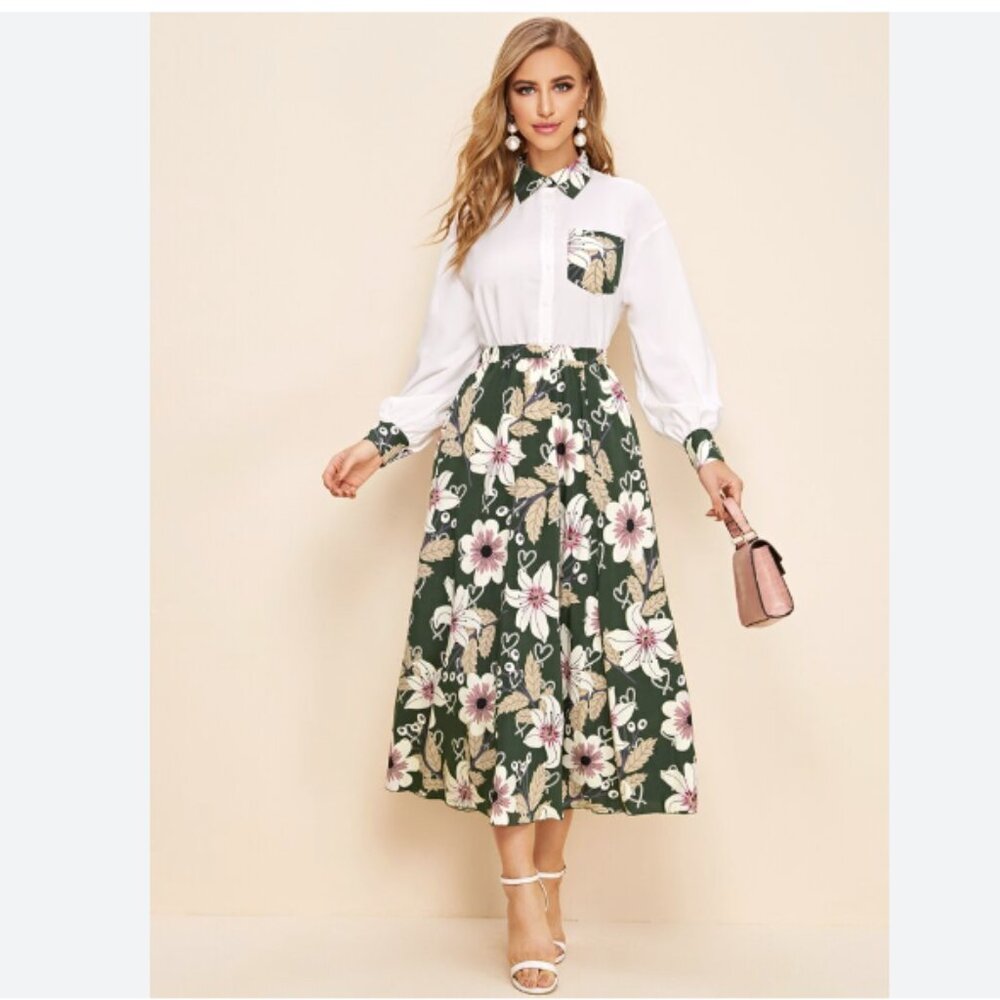SHEIN Pocket Front Blouse & Floral Print Skirt Set Size Large